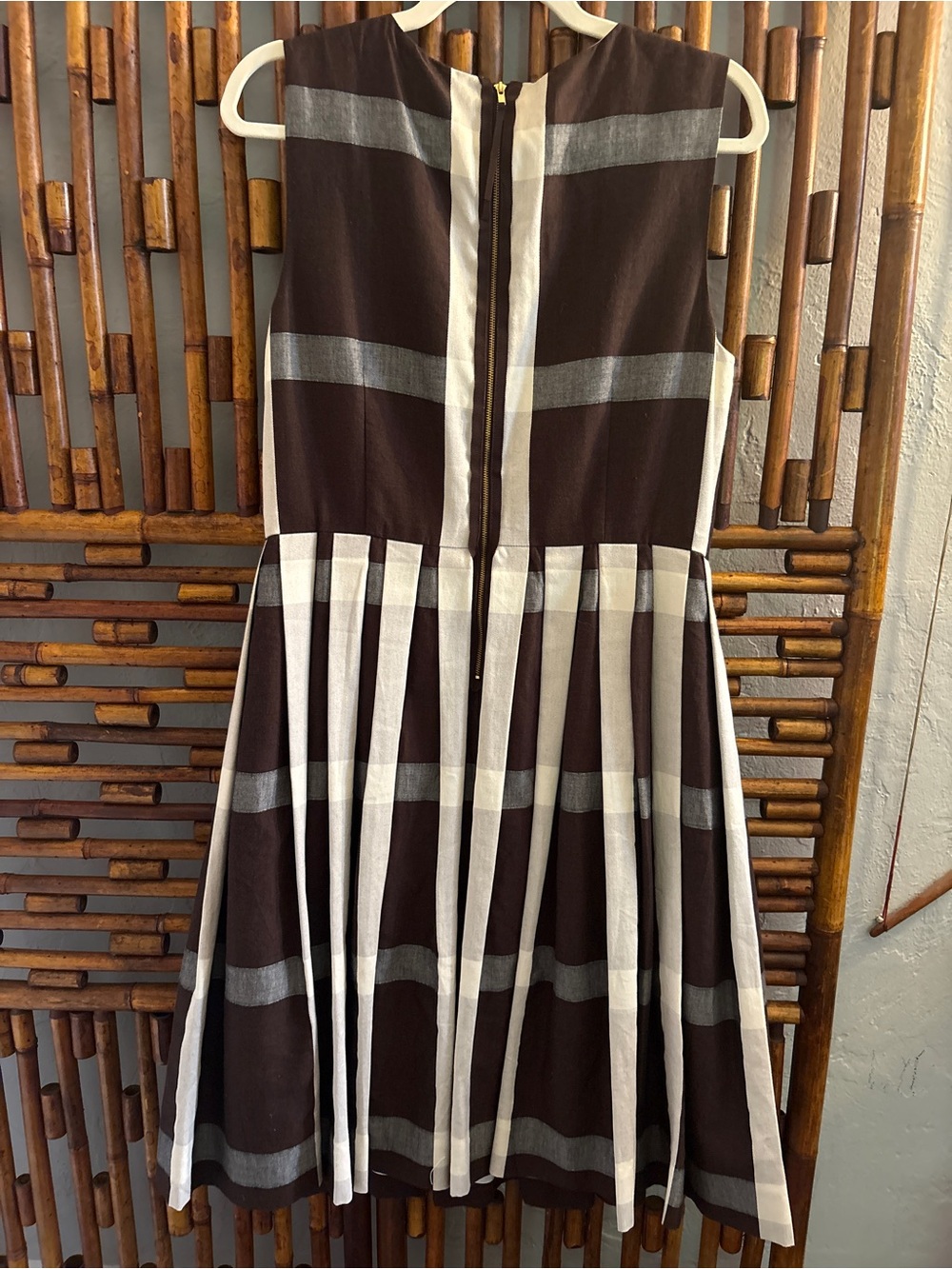 SZ 12 MAEVE ANTHROPOLOGY BEADED COTTON BROWN GINGHAM CHECKERED PLEATED DRESS - Picture 9 of 14
